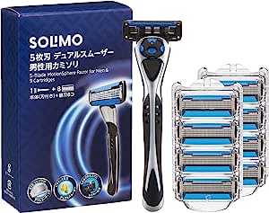 [Amazonブランド] SOLIMO(ソリモ) 5枚刃 デュアルスムーザー 男性用 カミソリ 本体(刃付き)+ 替刃 8コ付 髭剃り